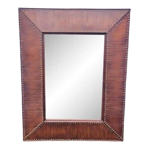 Massive Wood Veneer Studded Handsome British Colonial Tropical Wide Framed Wall Mirror
