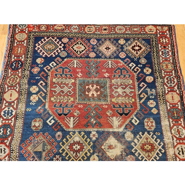 Antique Caucasian Kazak Rug, Medallion Pattern, Hand-Knotted Wool, Blue & Red, 4' x 8' For Sale - Image 9 of 16
