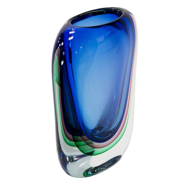 Vintage Italian handmade Sommerso vase created in multi-colour layers of Murano glass. The glass is clear, blue, green and...