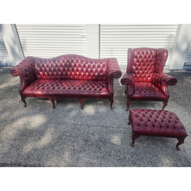 Vintage Carolina Leather House Oxblood Tufted Chesterfield Sofa, Wingback Chair & Ottoman - 3 Piece Set For Sale - Image 18 of 18