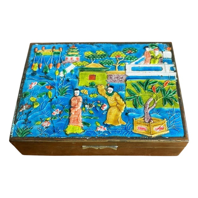 Vintage Chinoiserie Canton Enamel Brass Trinket Jewelry Box Wood Lined For Sale