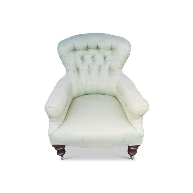 Victorian Green Button-Tufted Armchair with Mahogany Legs and Porcelain Castors in the style of Howard and Sons, 1890s For Sale - Image 4 of 6