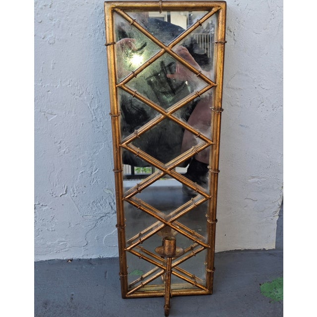 1940s 1940's Hollywood Regency Heavy Gilt Iron Faux Bamboo Wall Mirror Candle Accent For Sale - Image 5 of 12