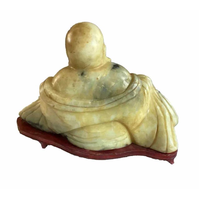 Monumental Antique Chinese Jade-Like Happy Buddha Sculpture on Custom Wooden Base, One-Piece Hand-Carved Jade | Symbol of Prosperity & Joy For Sale - Image 10 of 12