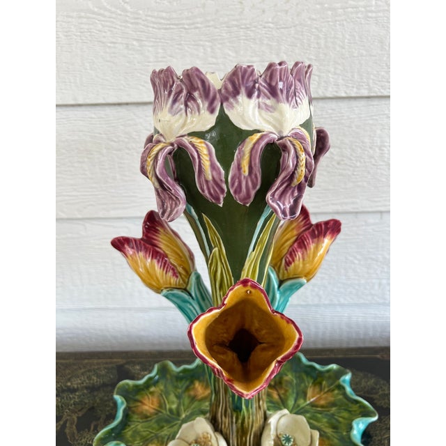 Antique French Majolica Vase Centerpiece Onnaing Art Nouveau Iris Tulip C1900 For Sale - Image 12 of 18