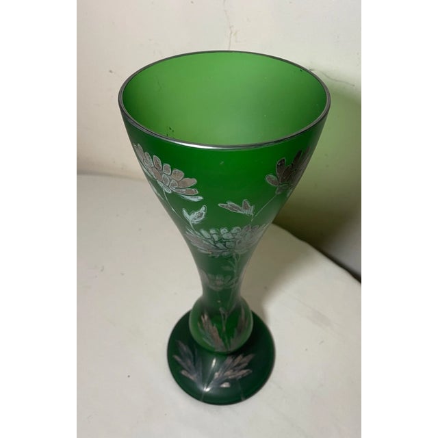 Tall Antique Sterling Silver Overlay Cameo Frosted Green Glass Flower Vase For Sale - Image 11 of 12