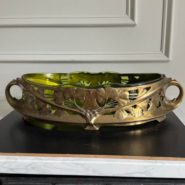 Metal Vintage Art Nouveau Centerpiece Bowl With Green Glass Insert and Flowing Lines & Ginkgo Leaf Motifs 18.75"x9.5"x4.25" For Sale - Image 7 of 13