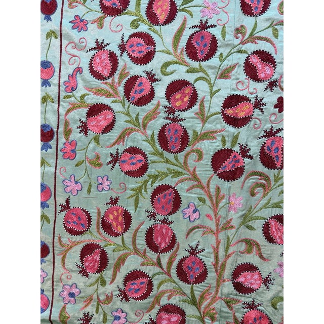 Textile Green Silk Suzani Tapestry With Pomegranate Tree For Sale - Image 7 of 9