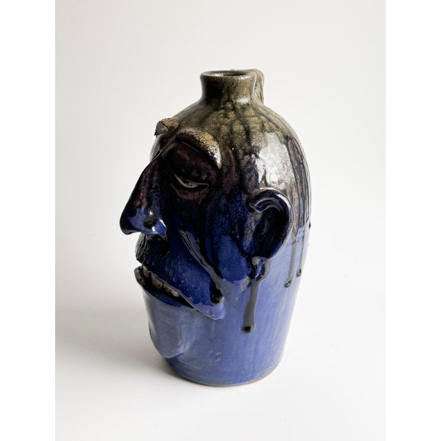 Vintage Georgia Folk Pottery Face Jug by Dal Burtchaell – Blue Glaze Sculptural Pitcher – Southern Folk Art For Sale - Image 4 of 12