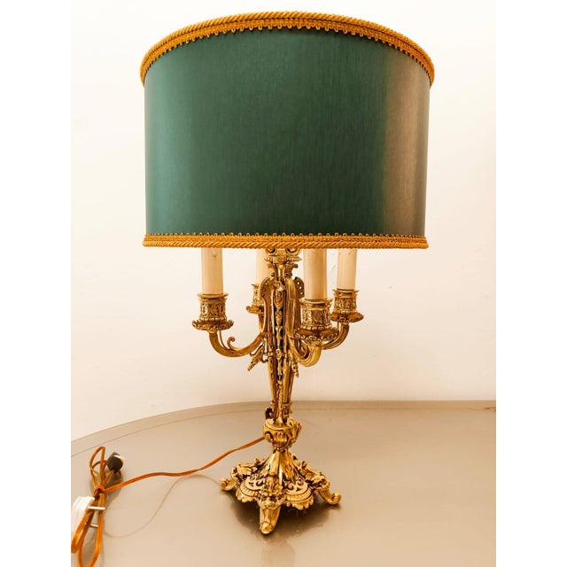 Antique Four-Light Bronze Lamp with Lampshade For Sale - Image 15 of 18