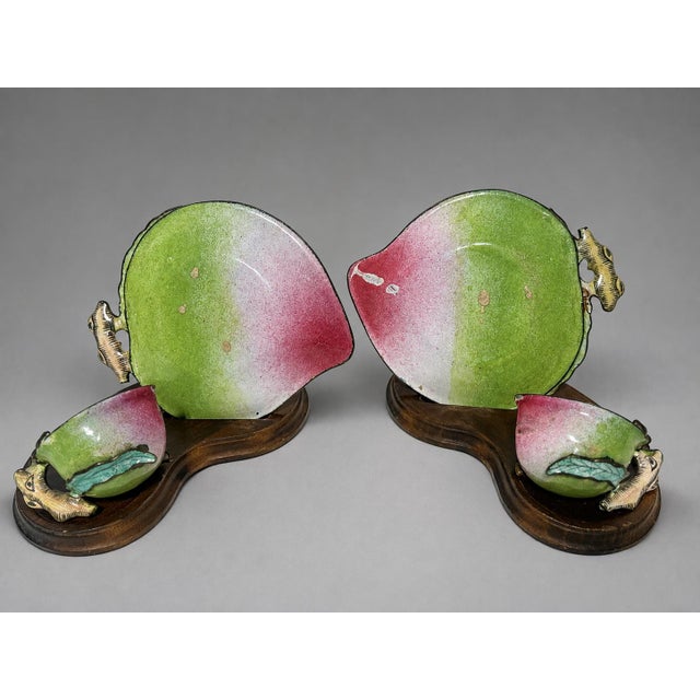 Chinese Pair, Qing Dynasty Chinese Canton Enamel 'Peach' Cups and Saucers For Sale - Image 3 of 6