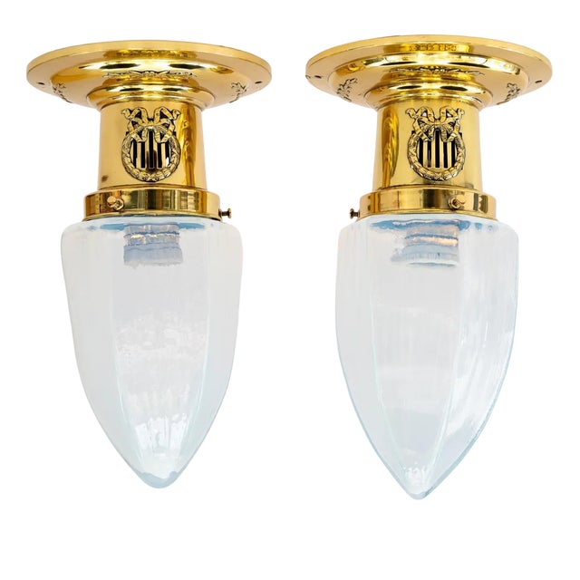 Art Deco Ceiling Lamps with Opaline Glass Shades, 1920s, Set of 2 For Sale