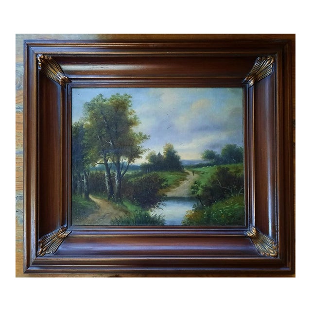 Antique 19th/Early 20th-Century European School Oil Painting — Pastoral River Landscape With Path and Trees For Sale