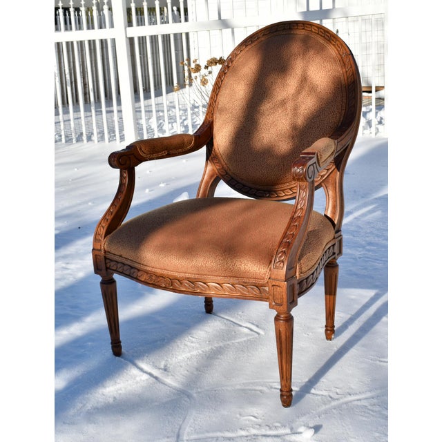Fairfield Vintage Fairfield Louix XVl French Style Carved Fruitwood Round Back Arm Chair For Sale - Image 4 of 12