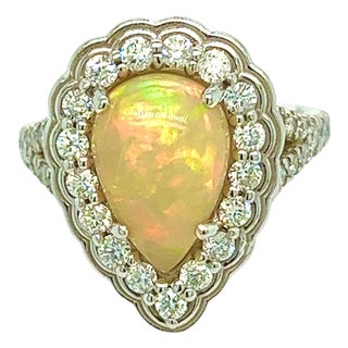 Natural Opal Diamond Ring 6.25 14k W Gold 2.35 TCW Certified For Sale