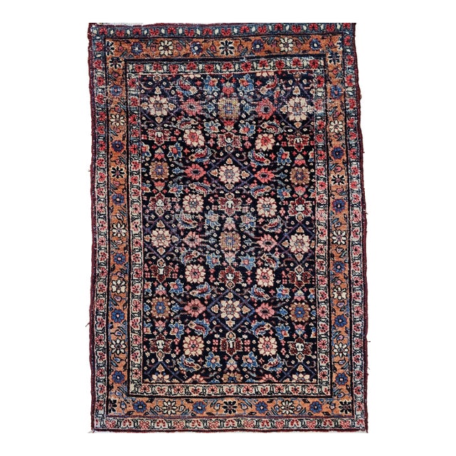 Vintage Persian Malayer Area Rug, Handwoven Allover Geometric Design, Navy & Red, 3’ X 4’ For Sale