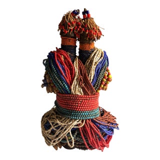 Vintage African Beaded Namji Twin Fertility Dolls Cameroon W/Wood Stand 11" H For Sale