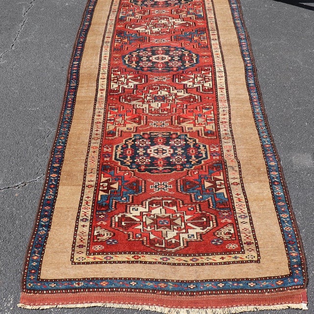 Antique Persian Camel Hair Serab Runner With Tribal Medallion Design Rug For Sale - Image 11 of 17