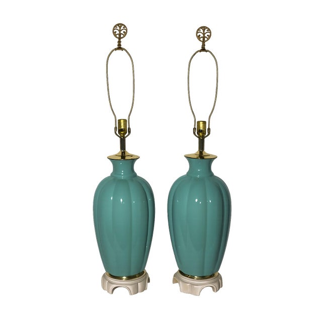 Hollywood Regency 1970s Blue-Green Ginger Jar Table Lamps With Brass Accents - a Pair For Sale - Image 3 of 7
