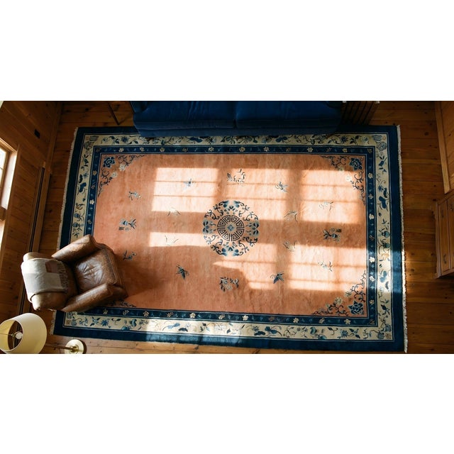 Orange 1880s Orange Salmon Medallion Antique Chinese Peking Carpet 11' X 15'6'' Handknotted Wool Rug For Sale - Image 8 of 10