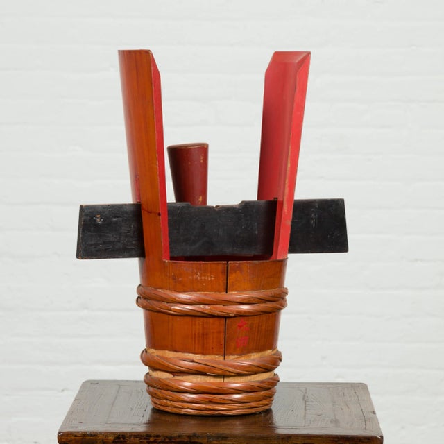 Brown Japanese Vintage Grain Storage Jug with Red Lacquer and Calligraphy Decor For Sale - Image 8 of 13