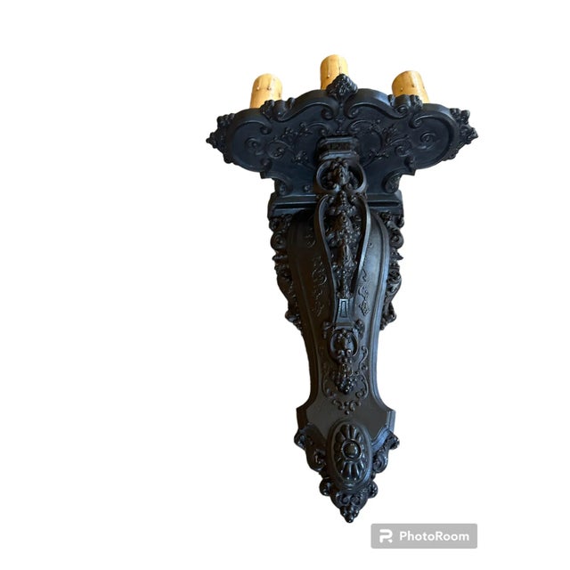 1910s Pair Large Triple Candle Wall Sconces in Black Paints With Beautiful Cast Detail, Circa 1910 For Sale - Image 5 of 6