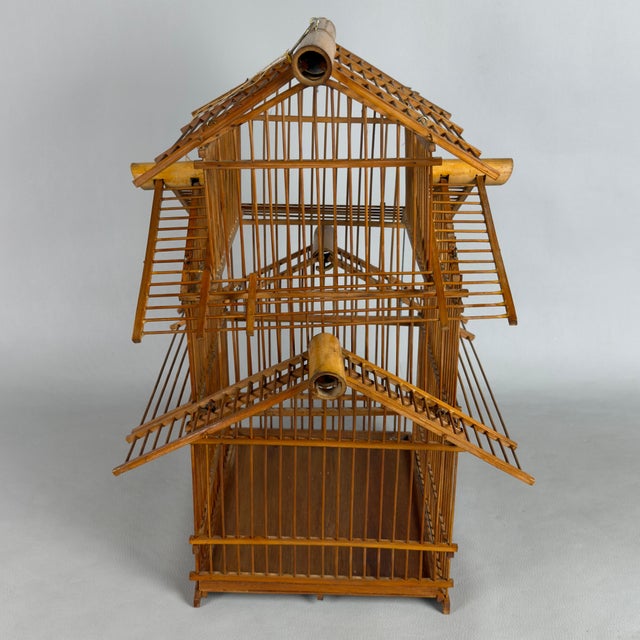 Vintage Architectural Pagoda Aviary Cage in Wood and Bamboo For Sale - Image 3 of 11
