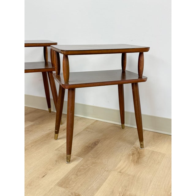 Vintage End Tables MCM Atomic Two-Tier Wood Laminate Pair Retro Accent For Sale In Tampa - Image 6 of 15