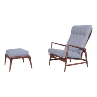 1950s Danish Modern Walnut Reclining Lounge Chair and Ottoman by Ib Kofod Larsen for Selig For Sale