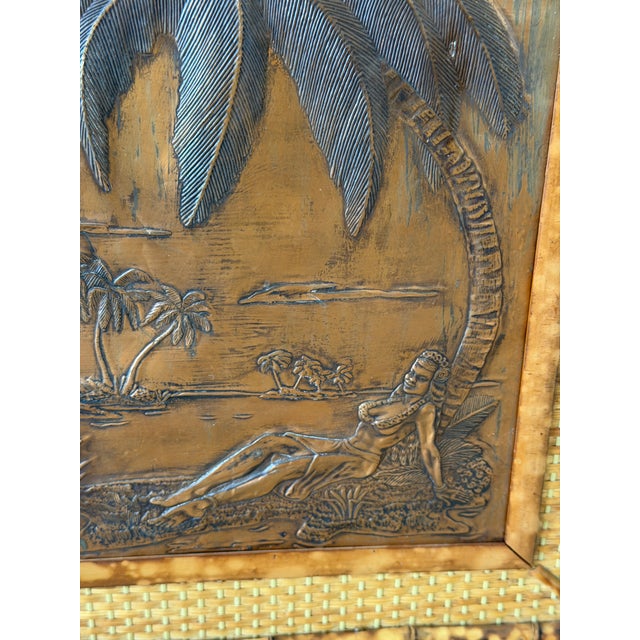Wood Vintage Hawaiian Tiki Copper Relief in Tortoise Bamboo Frame With Woven Rattan Mat For Sale - Image 7 of 12