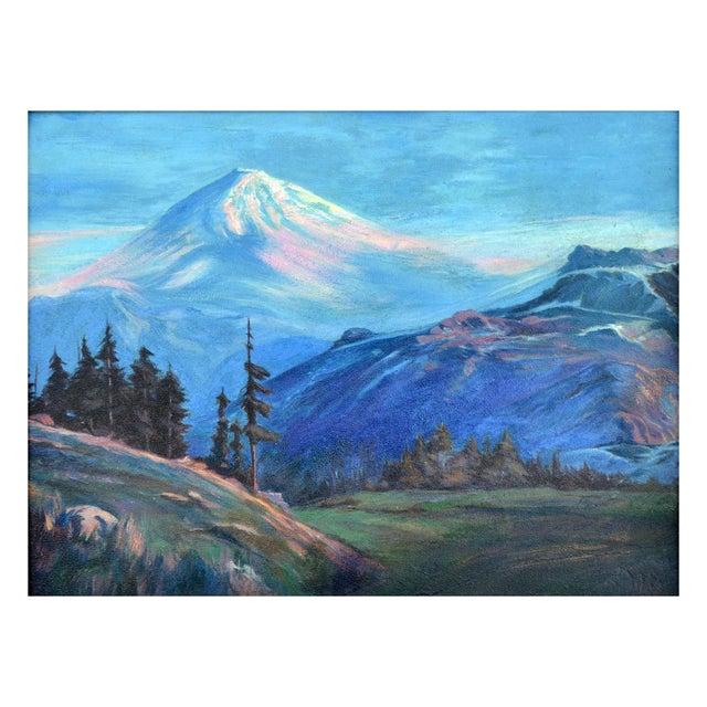 Early 20th Century Mt. Shasta Landscape in Oil on Illustration Board A beautiful and substantial painting of a distant...