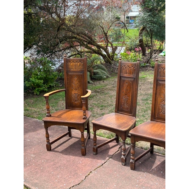 1930s Oak Gothic Revival Chair Set For Sale - Image 9 of 10