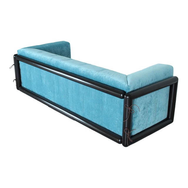 Iroko Cornaro Sofa in Wood and Azure Velvet by by Carlo Scarpa for Studio Simon, 1974 For Sale - Image 6 of 18