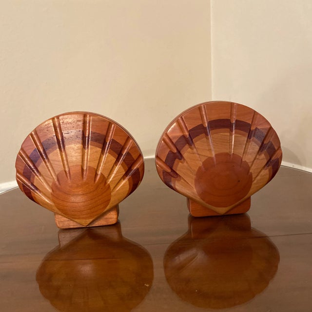 1970s Wood & Brass Italian Style Shell Bookends - a Pair For Sale - Image 4 of 8
