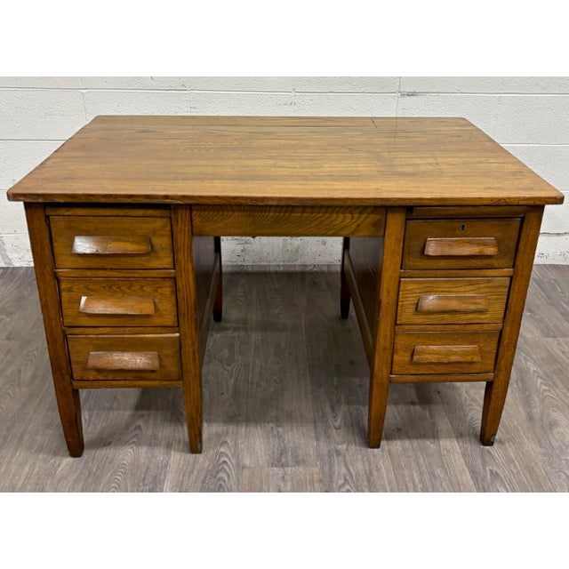 This is a stunning vintage Arts & Crafts Mission oak pedestal teacher, office, or library desk dating to the early...