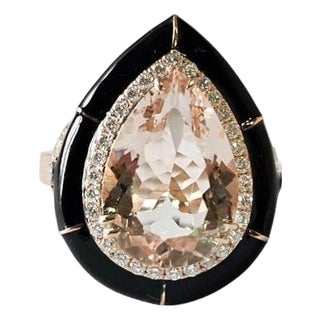 Set in 18k Rose Gold, Morganite, Black Enamel & Diamonds Engagement Ring, Us Size 6 For Sale