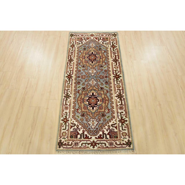 Tribal Heriz Runner 2’7” X 5’8” Blue Wool Tribal Hand-Knotted Oriental Rug For Sale - Image 3 of 11