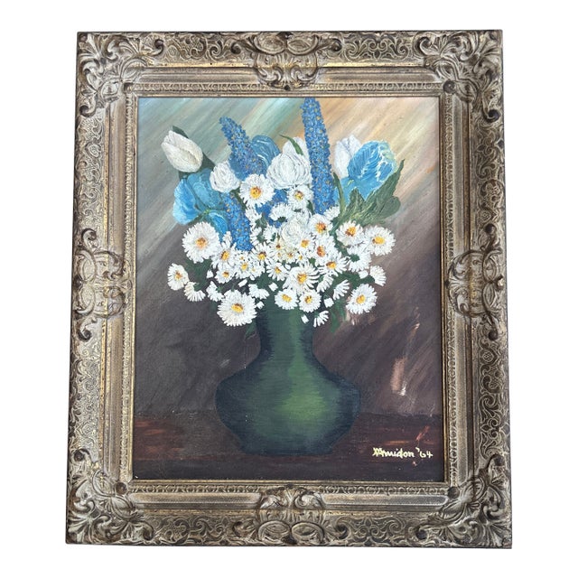 1960’s Original Impressionist Still Life Flowers in Vase Painting Chunky Frame For Sale