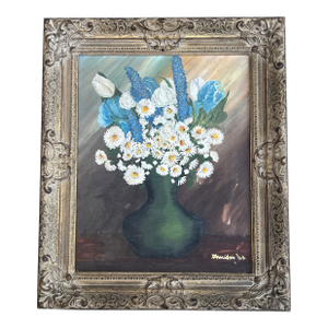 1960’s Original Impressionist Still Life Flowers in Vase Painting Chunky Frame