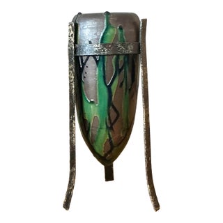 Vintage Boho Drip Glaze Vase in Stand For Sale