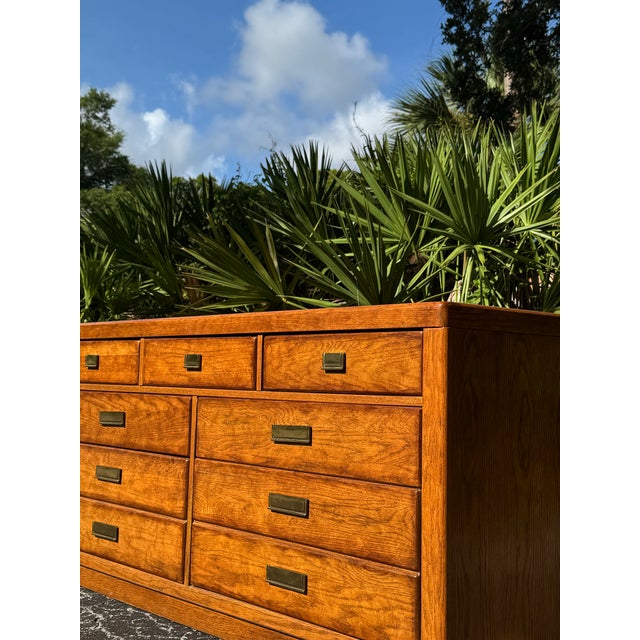 Mid-Century Modern Vintage Stanley Furniture Mid-Century Modern Oak Lowboy Dresser With Brass Hardware For Sale - Image 3 of 9