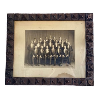 Vintage Figurative Black and White Photograph of Men in Tuxedos in a Tramp Art Frame For Sale