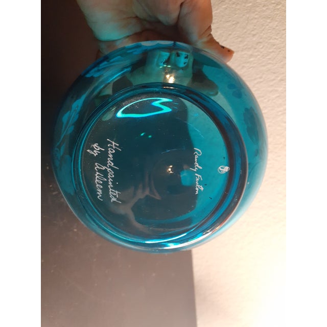 1960s Fenton Hand-Painted Blue Teal Rose Bowl For Sale - Image 4 of 10
