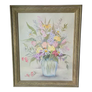 1980s Framed Oil Painting Still Life "Spring Floral" by Sandy Saler