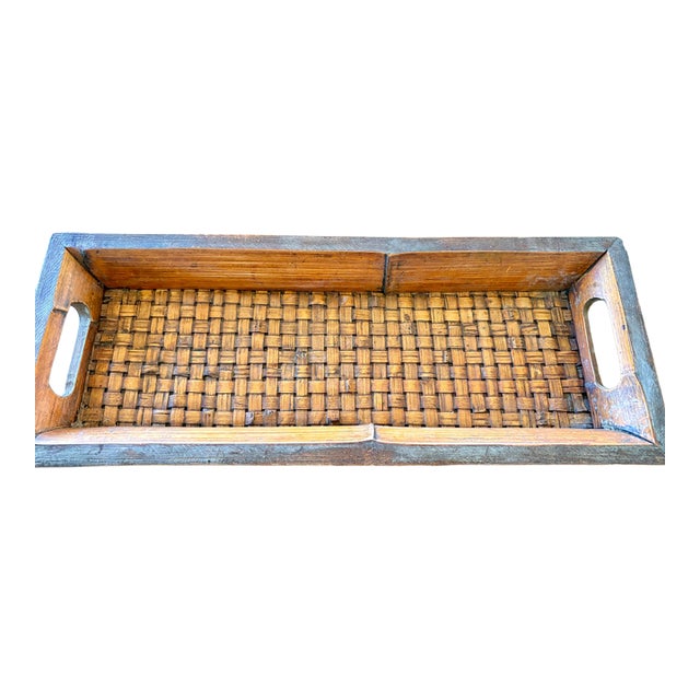Vintage Primitive Handcrafted Bamboo Wood & Woven Splint Tray For Sale