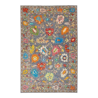 HandCrafted Modern Oushak Style Gray Wool Rug With Multicolored Floral For Sale