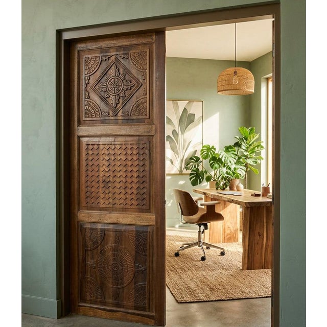 Brown Hand Carved Teak Wood Barn Door Geometric Medallion Three Panel Farmhouse Sliding Door 96x36 For Sale - Image 8 of 8