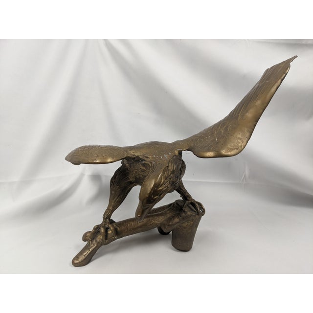 Vintage Solid Brass Eagle Sculpture on Branch Pedestal Base, 19" Wingspan For Sale - Image 9 of 14