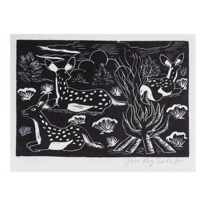 Vintage Mid 20th Century Jose Rey Toledo Three Baby Birds Woodcut