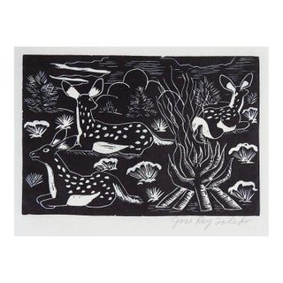 Vintage Mid 20th Century Jose Rey Toledo Three Deer Fawns Woodcut For Sale